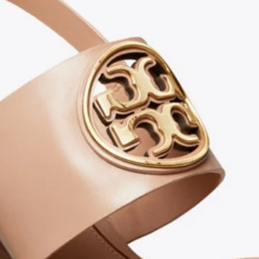 Tory Burch Neutral Blush Leather Wedge Sandals with Gold Logo - Picture 6 of 13